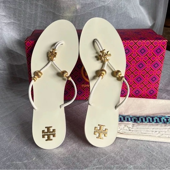 Tory Burch Capri  Beaded Leather  Tong Sandal/ New Ivory/Gold US 8 M/$248 NEW - Picture 1 of 6